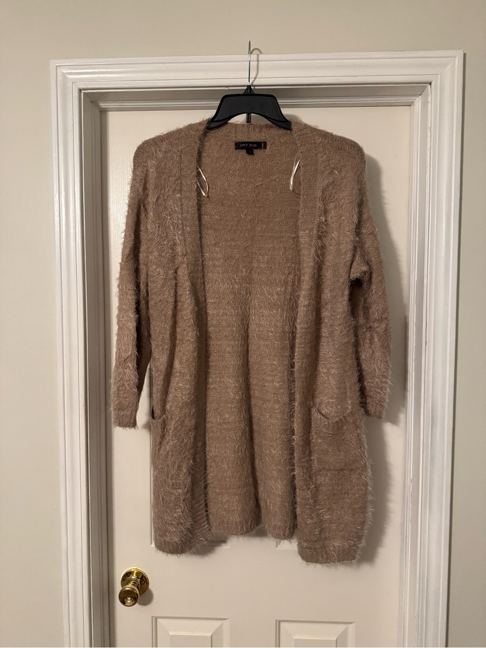 Love Tree Fuzzy Open-Front Cardigan in Taupe